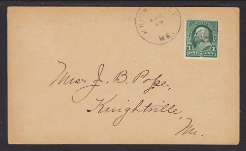 US Sc 279 on 1898 Post Card, Knightsville, ME DPO