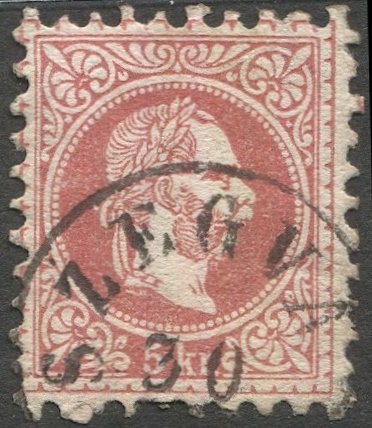 AUSTRIA 1874  Sc 29d  5kr Perf 9 coarse printing Used F, SZEGVAR Hungary cancel