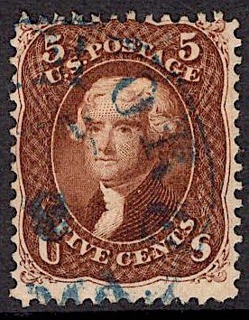 US Stamp #75 RED Brown 5c Jefferson USED SCV $425. Blazing color