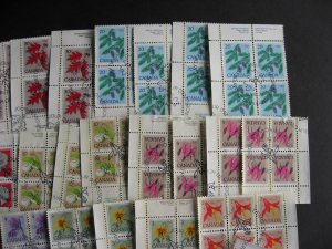 Canada 37 used plate blocks of 4 many in matched sets, most 1970s flowers issue