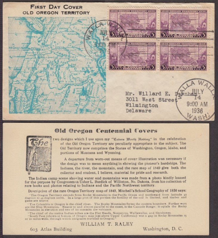 1936 Oregon Territory 100 years Sc 783-46b.1 FDC Raley cachet Walla Walla WA