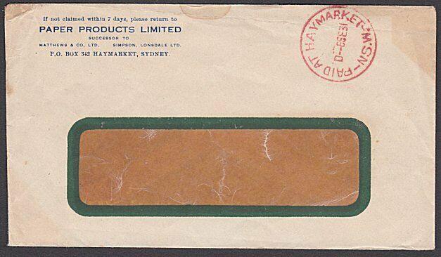 AUSTRALIA 1931 cover with fine cds in red PAID AT HAYMARKET / NSW..........57263