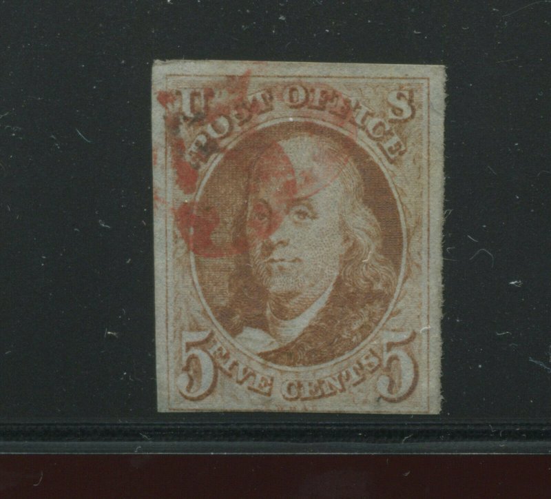 Scott 1 Franklin Imperf Used Stamp with Numeral '5' Cancel (Stock 1-A8)