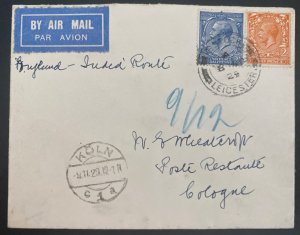 1929 Leicester England First Flight airmail Cover  FFC To Cologne Germany