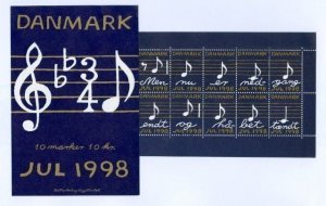 Denmark. 1998 Booklet. 10 Christmas Seals MNH. Music Notes
