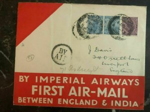1929 Karachi India First Flight Airmail cover FFC to Liverpool England Imperial