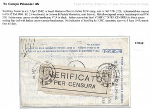 Worthing, GB to British POW to Italian Camp #17 Certosa di Padula 1943 (C5338)