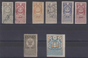 POLAND 1919 REVENUES NORTHERN & SOUTHERN POLAND 8 SINGLES PERF & IMPERF