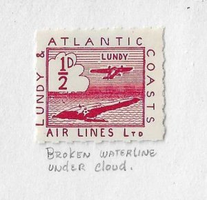 Lundy 1939  1/2p air lines issue with broken waterline under cloud variety OG VF