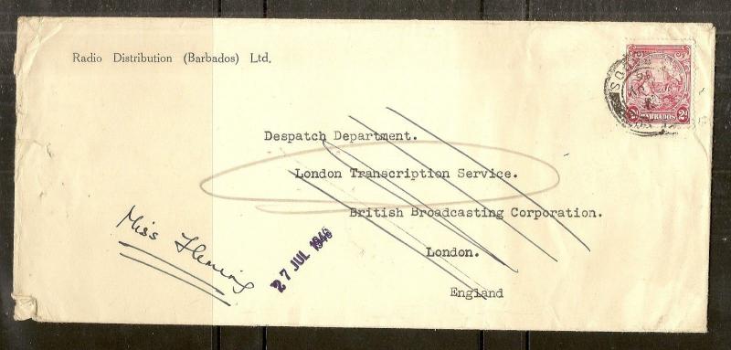 Barbados 1946 Commercial Cover with 'Extra Frame Line' Variety