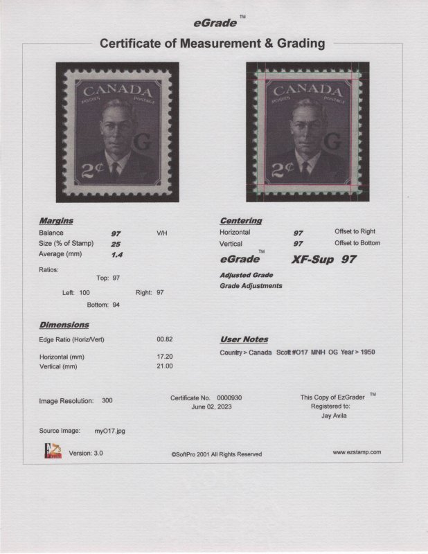 Canada Scott O17 MNH OG "King VI" Overprint "G" eGraded XF