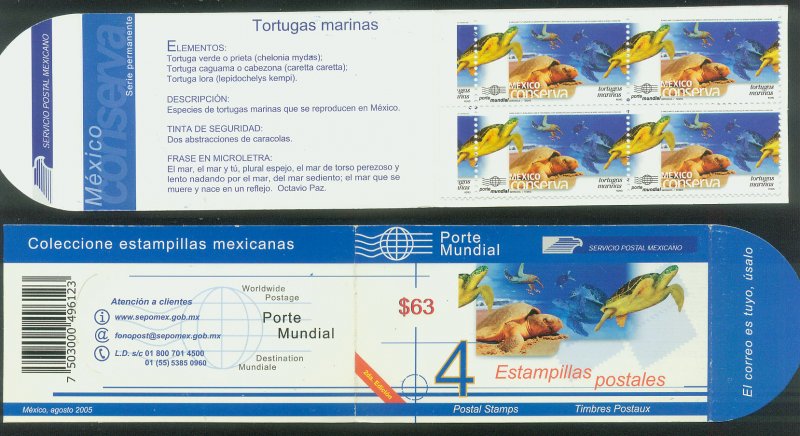 MEXICO CONSERVA 2473a, ($15.75P) MARINE TURTLES UNEXPLODED BOOKLET MINT, NH. VF