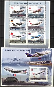 Comoro Islands 2008 Aviation Great Airports Airbus Sheet + S/S MNH