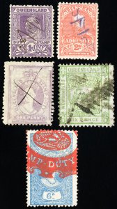 Queensland Stamps Lot of 5 Revenues