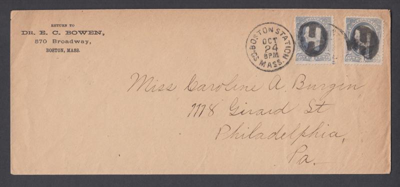 US Sc 206 on c. 1882 cover, Boston Negative H fancy cancel