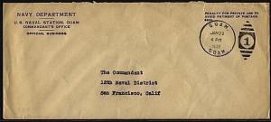 GUAM 1937 US Navy Penalty envelope used to San Francisco...................20083