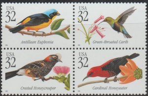 3222-25, Block of 4. Tropical Birds MNH, .32 cent