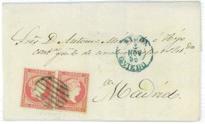 P0141 - SPAIN - POSTAL HISTORY - #48*2 on cover from GIJON 1856 BLUE Grill-