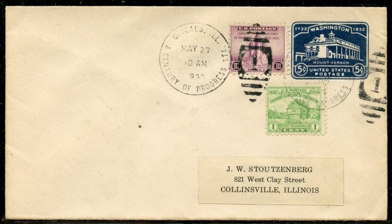 UNITED STATES 1933 CENTURY OF PROGRESS COMBO COVER ON 5c EMBOSSED ENVELOPE