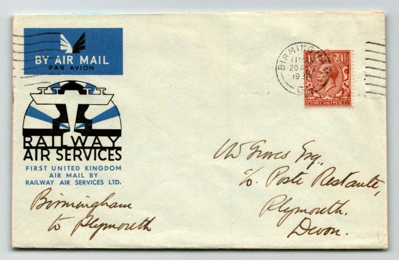 GB 1934 Railway Air Services Cover Birmingham to Plymouth - Z13787