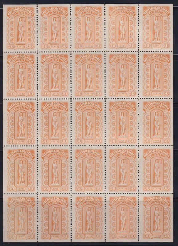 British Columbia VD #BCL38 (1942-8) 30c orange Law Stamp Complete Pane VF Mint  