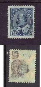 Canada-Sc#91-Unused 5c blue-KEVII-og-hinged-album page adhesion on back-1903-Cdn