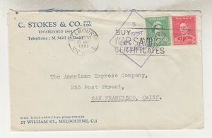 AUSTRALIA,1942 Censored  C. Stokes cover, 1 1/2d. & 2d., Melbourne to USA.