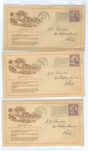 US 729 1932 3c Daniel Webster sesquicentennial of birth singles on three addressed first day covers with matching Linprint cache