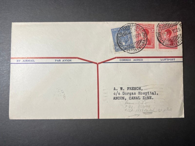 1929 Colombia Airmail Cover Buenaventura to Ancon Canal Zona Gorgas Hospital