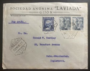 1947 Gijon Spain commercial Airmail Cover to Sale Manchester England