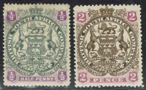 RHODESIA 1897 LARG ARMS ½D AND 2D CURLED SCROLLS