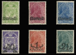 Liechtenstein #11-16 Cat$71, 1920 Surcharges, set of six, never hinged