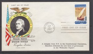 US Sc 2360 FDC. 1987 22c US Constitution, Fluegel Alexander Hamilton cachet