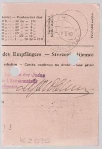 1942 Prague Germany to Litzmannstadt Jewish Ghetto Money Order Receipt Judaica