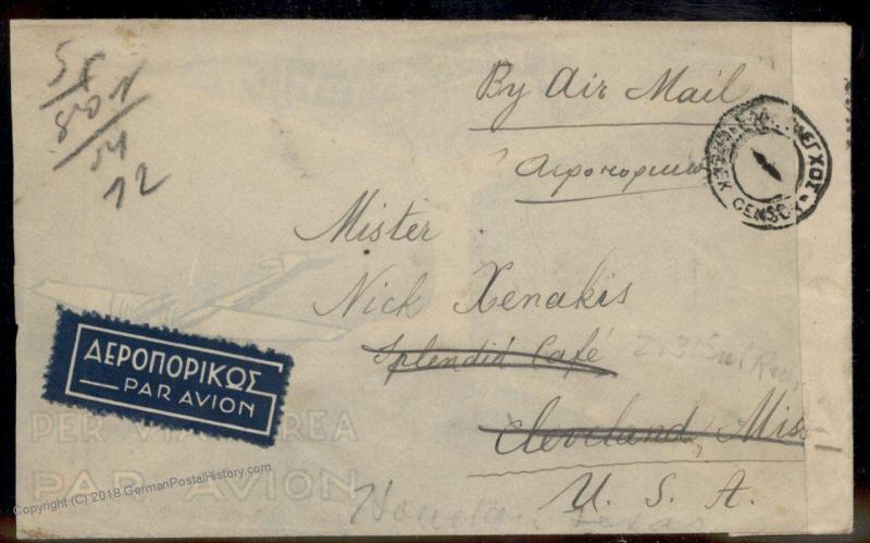 Greece 1945 Censored  Airmail Cover to Cleveland Mississippi USA 90618