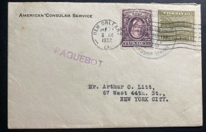 1932 Guatemala SS Athenas Paqueboat Embassy United Fruit Cover To New York Usa