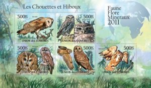 COMOROS - 2011 - Owls - Perf 5v Sheet #1 - Mint Never Hinged