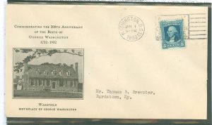 US 710 1932 5c George Washington (part of the Washington Bicentennial Series) single on an addressed (typed) FDC on a Rice cache