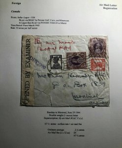 1944 Bombay India Censored Airmail Cover To Montreal Canada Via BOAC & PAA