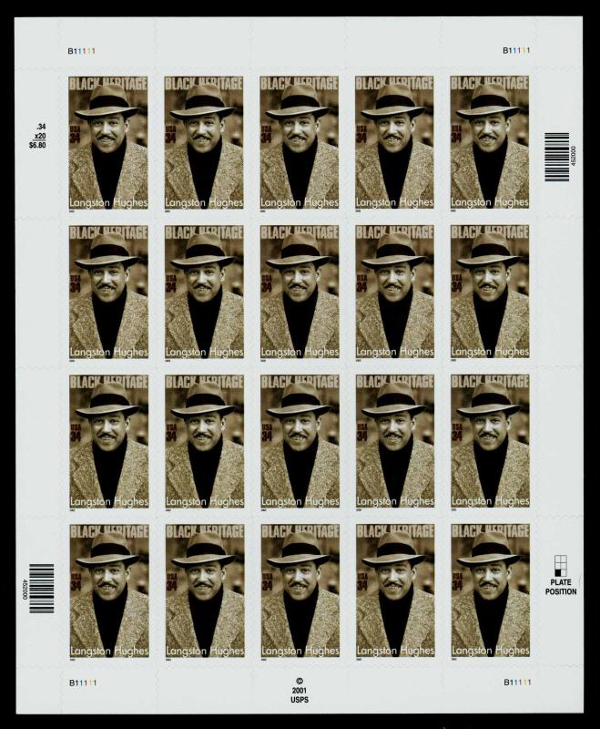 US. #3557  LANGSTON HUGHES BLACK HERITAGE ISSUES - PANE OF 20 - VF (ESP#025)