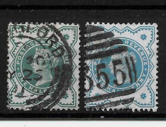 GB QV ½d Blue (The Changeling Variety) with normal,  SG213 Used. (see descrip.)