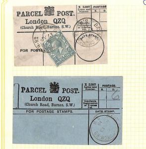 AG63 1913 GB SURREY London *Barnes Church Road* Postmark Parcel Post Labels{4}