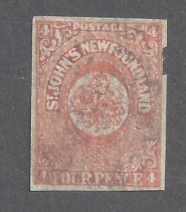 Canada NEWFOUNDLAND # 12 USED 4d ORANGE IMPERFORATE BS26724A