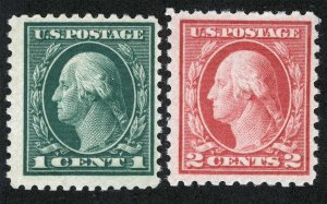 US Sc 462 463 Grn Carm 1¢ 2¢ 1916 p.10 UnWmk Original Gum Light Hinge Mark Set