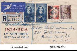 SOUTH AFRICA - 1953 REGISTERED ENVELOPE TO  NEW YORK USA WITH STAMPS