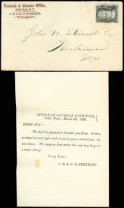 1868 JOURNAL & COURIER OFFICE G G STEBBINS C/C to Herkimer NY w CERT, SCOTT #87!