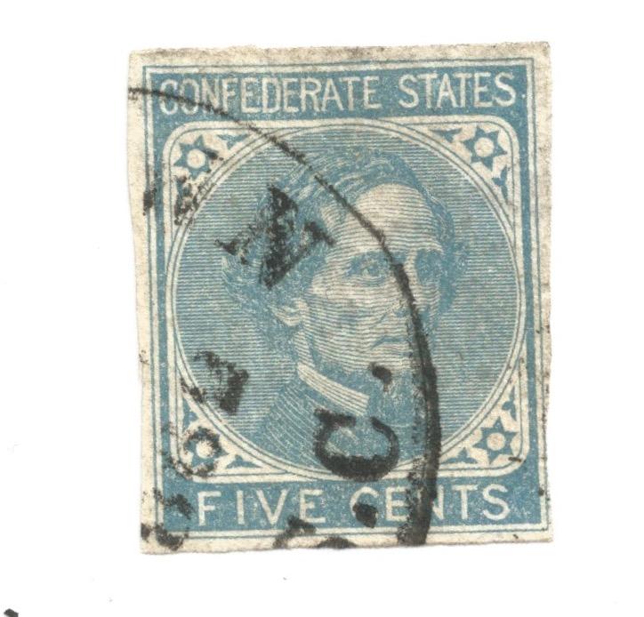 Scott # CSA-7 5cent Blue Davis 1862