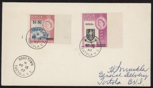 British Virgin Islands 174 & 175 on 1967 cover w/Road Town Tortola V. I. pmk