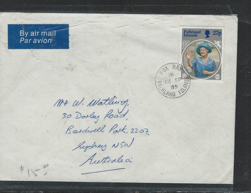 FALKLAND ISLANDS (P2903B)  QEII 27P A/M COVER 1985 TO AUSTRALIA FOX BAY