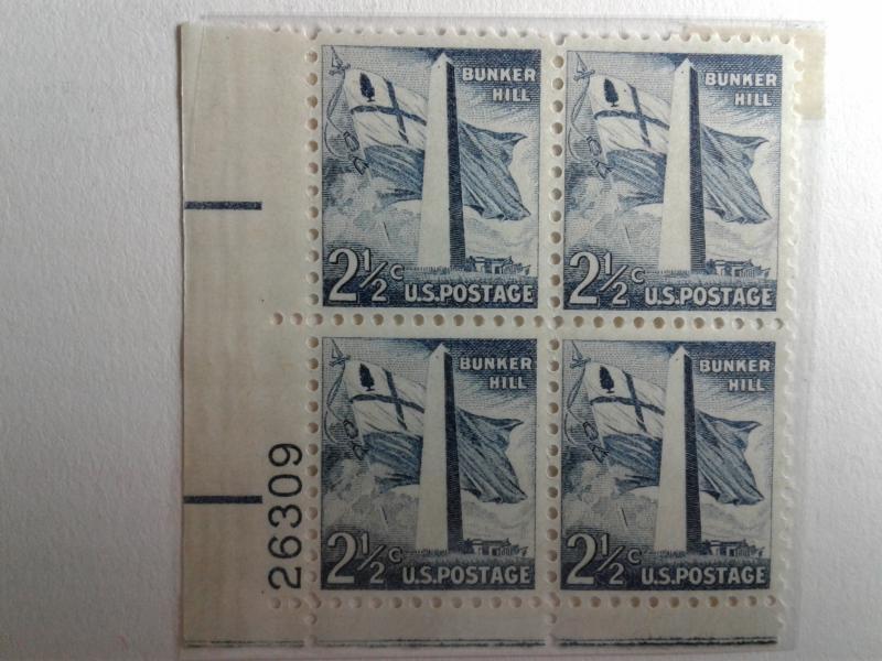 SCOTT # 1034 PLATE BLOCK GEM BUNKER HILL MONUMENT 1958